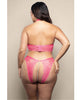 Afbeelding laden in Galerijviewer, Felroze glanzende kanten halter-bh- en slipset met pareldetails
