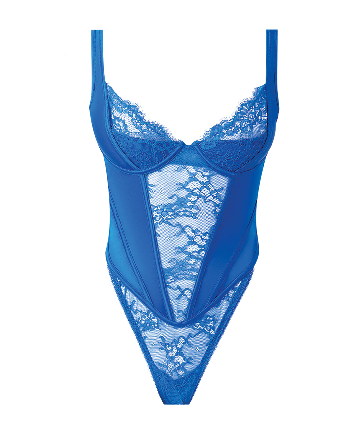 Madeline push-up-teddy i satin og blonde, lingeri med højt bensnit, koboltblå XL