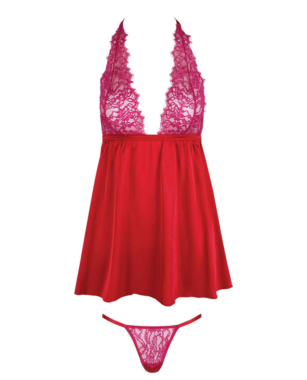 Rochie babydoll mini Jocelyn din satin și dantelă, cu bretele după gât, inclusiv tanga, zmeuriu, S M