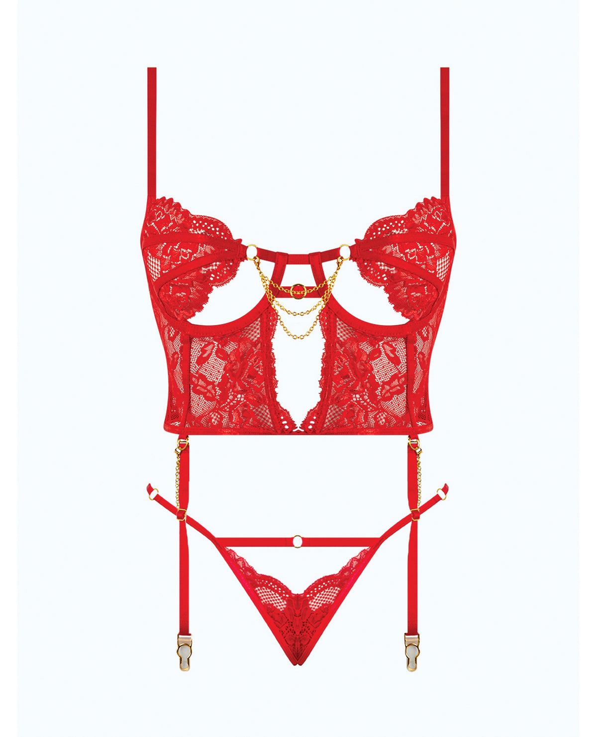 Ensemble grande taille composé d’un bustier en dentelle rouge et d’un string avec jarretelles dorées