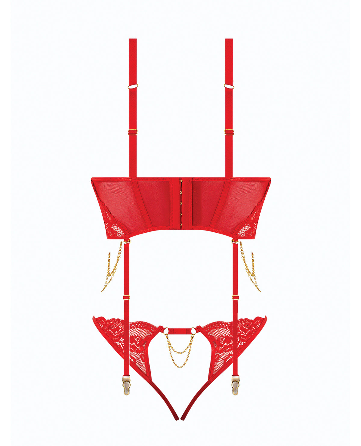 Ensemble grande taille composé d’un bustier en dentelle rouge et d’un string avec jarretelles dorées