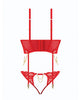 Charger l'image dans la visionneuse de la galerie, Ensemble grande taille composé d’un bustier en dentelle rouge et d’un string avec jarretelles dorées
