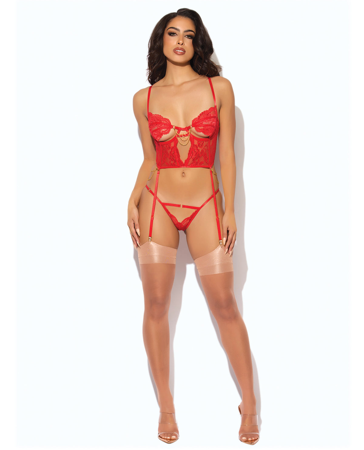 Conjunto de bustiê e fio dental de renda vermelha Cecily com ligas e detalhes dourados