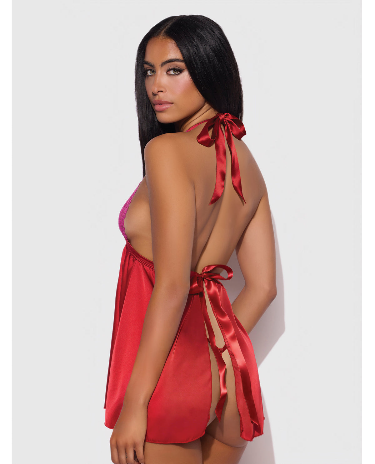 Jocelyn Lace Satin Halter Mini Babydoll Dress With Thong Raspberry Large