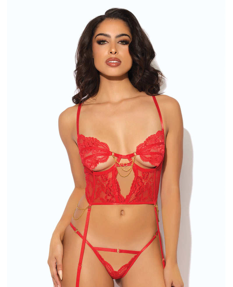 Cargue la imagen en el visor de la galería, Conjunto de bustier de encaje rojo Cecily con aros, liguero y tanga
