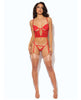 Cargue la imagen en el visor de la galería, Conjunto de bustier de encaje rojo Cecily con aros, liguero y tanga
