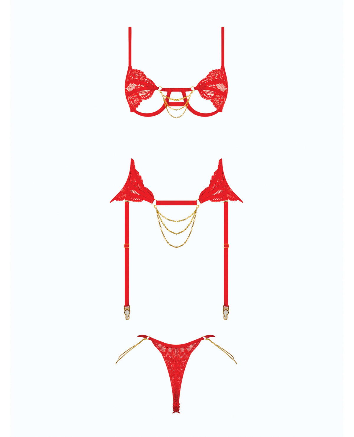 Red Stretch Lace Open Cup Bra And Adjustable Garter Set