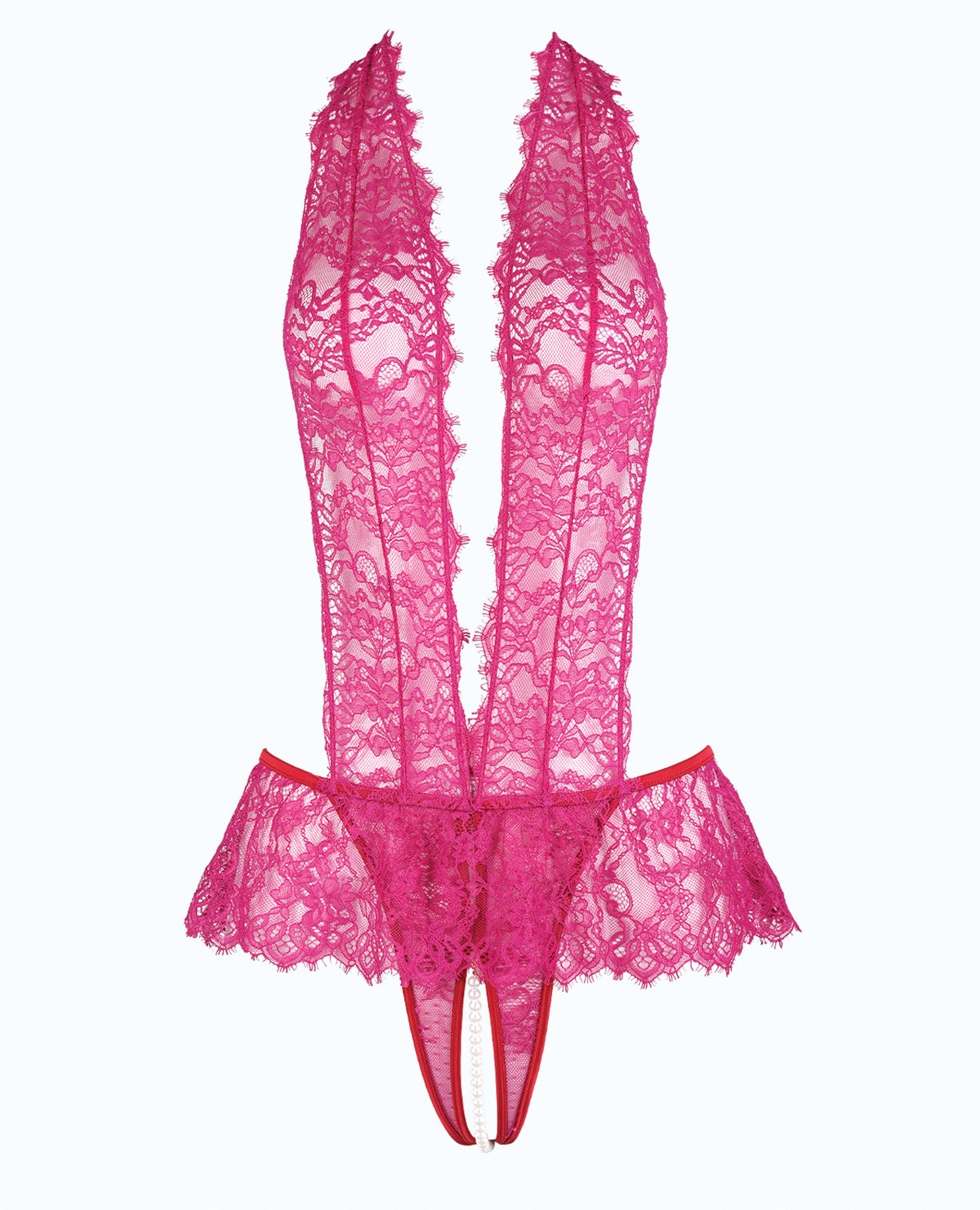 Body Jocelyn de encaje con cuello halter y escote pronunciado, entrepierna abierta, color frambuesa, XL