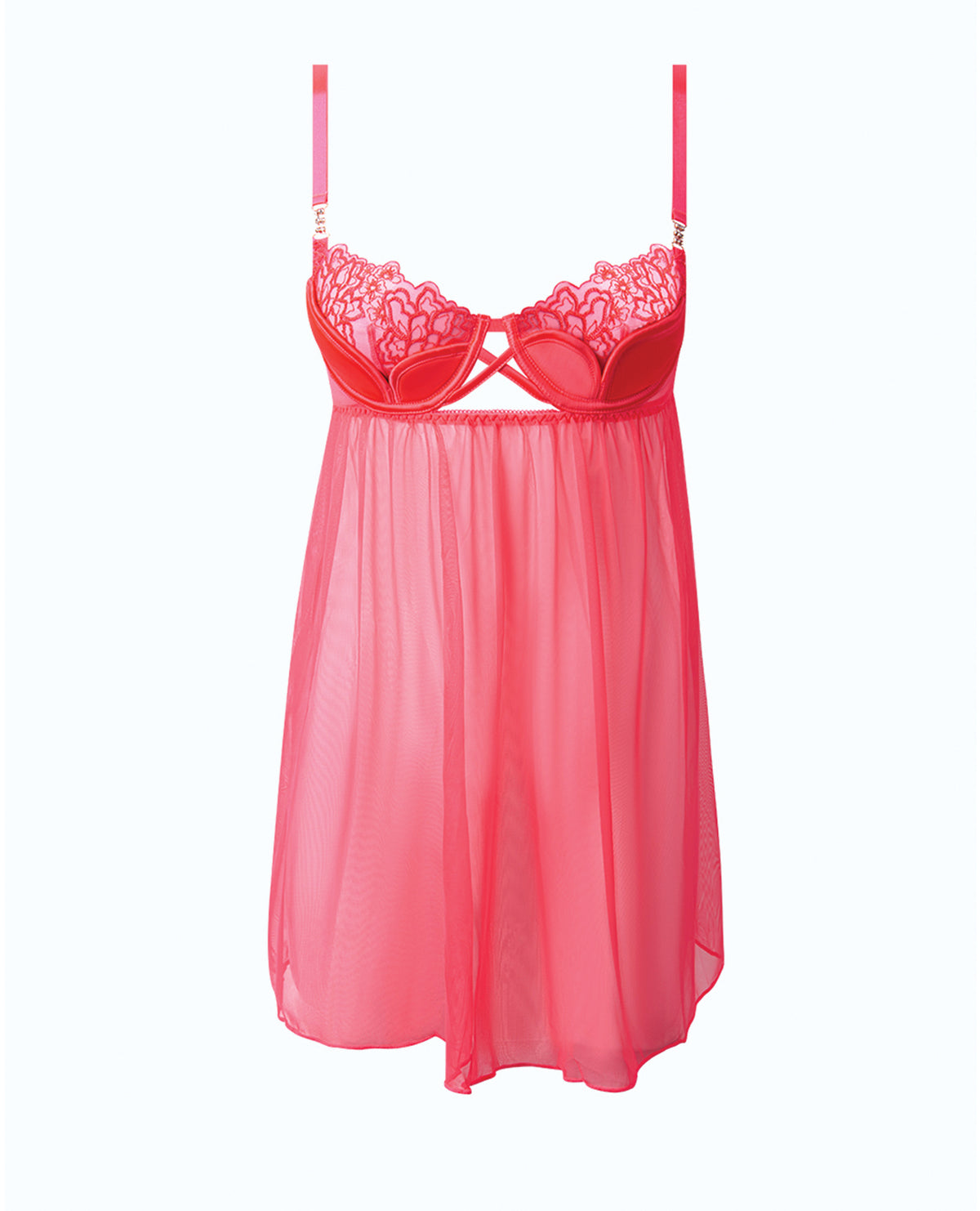 Camicia da notte babydoll in rete ricamata per donna, color corallo, XL