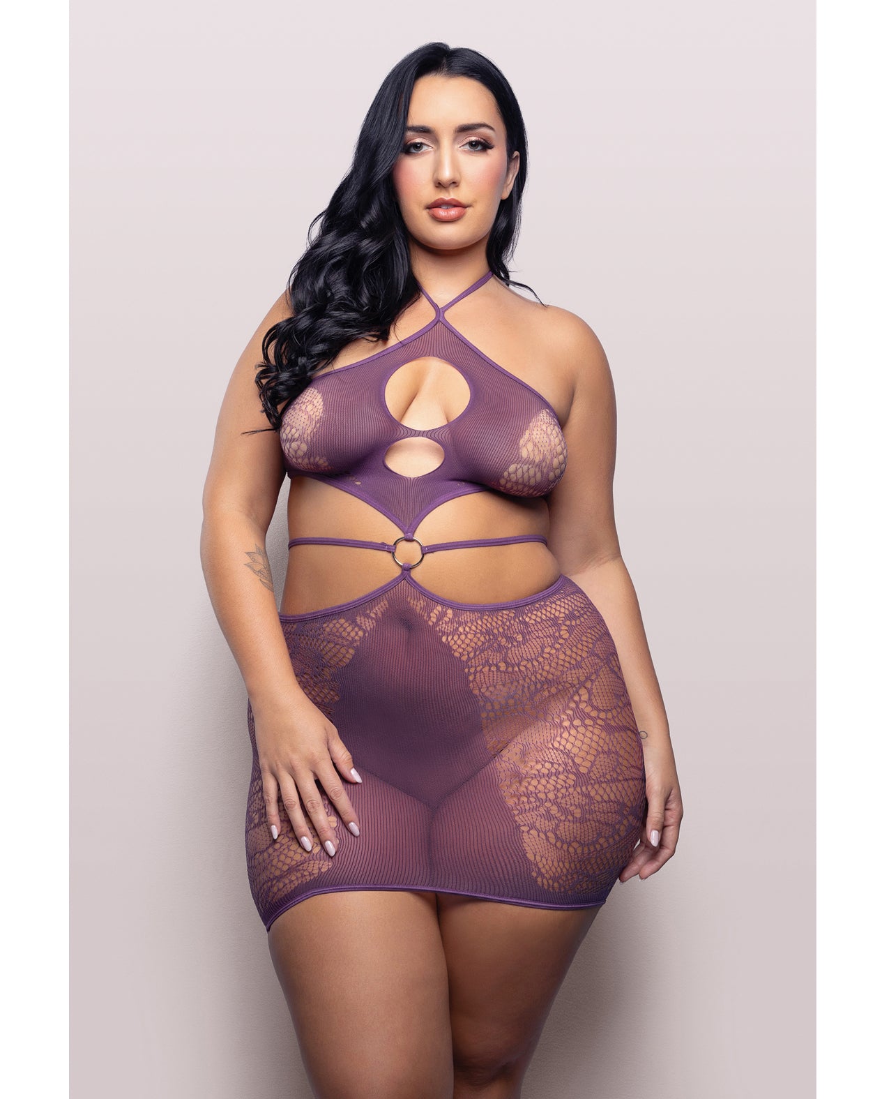 Vixen Focus On Me paarse halterjurk van gebreid materiaal met uitsparingen en sleutelring
