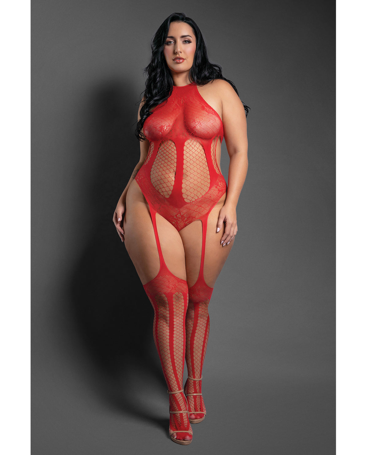Skir, avklädd bodystocking i mesh med ränder - röd QN