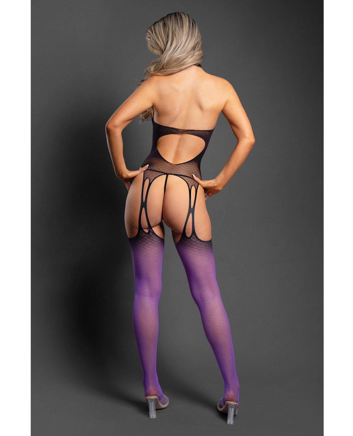 Halter Sheer Bodystocking G String Two Piece Set Black Purple One Size