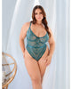 Load image into Gallery viewer, Plus Size Paisley Lace Mesh Thong Teddy with Bow and Underwire in Turquoise
