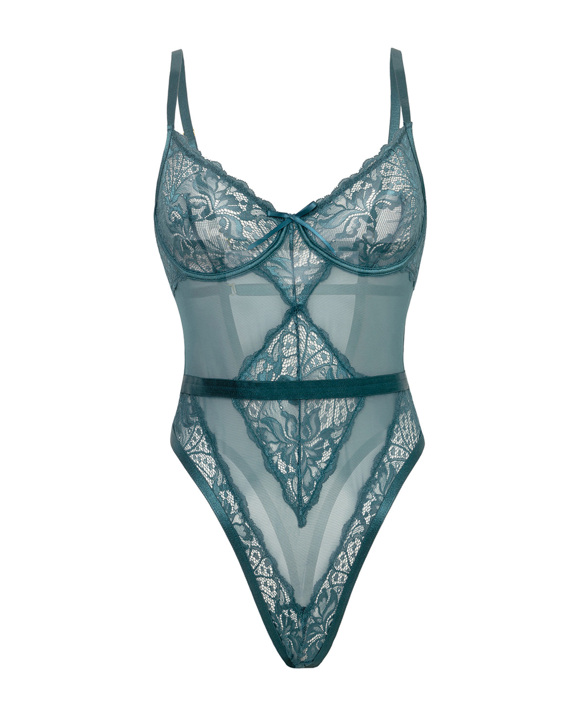 Plus Size Paisley Lace Mesh Thong Teddy with Bow and Underwire in Turquoise