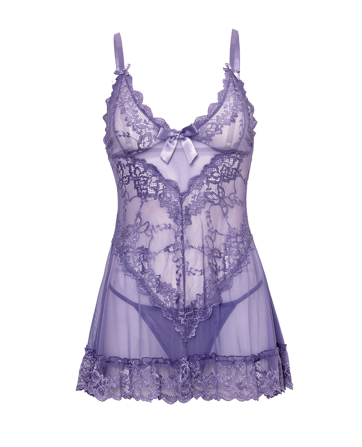 Set de pijama pentru femei, mărimi mari, cu babydoll mov din dantelă, fundițe și tanga