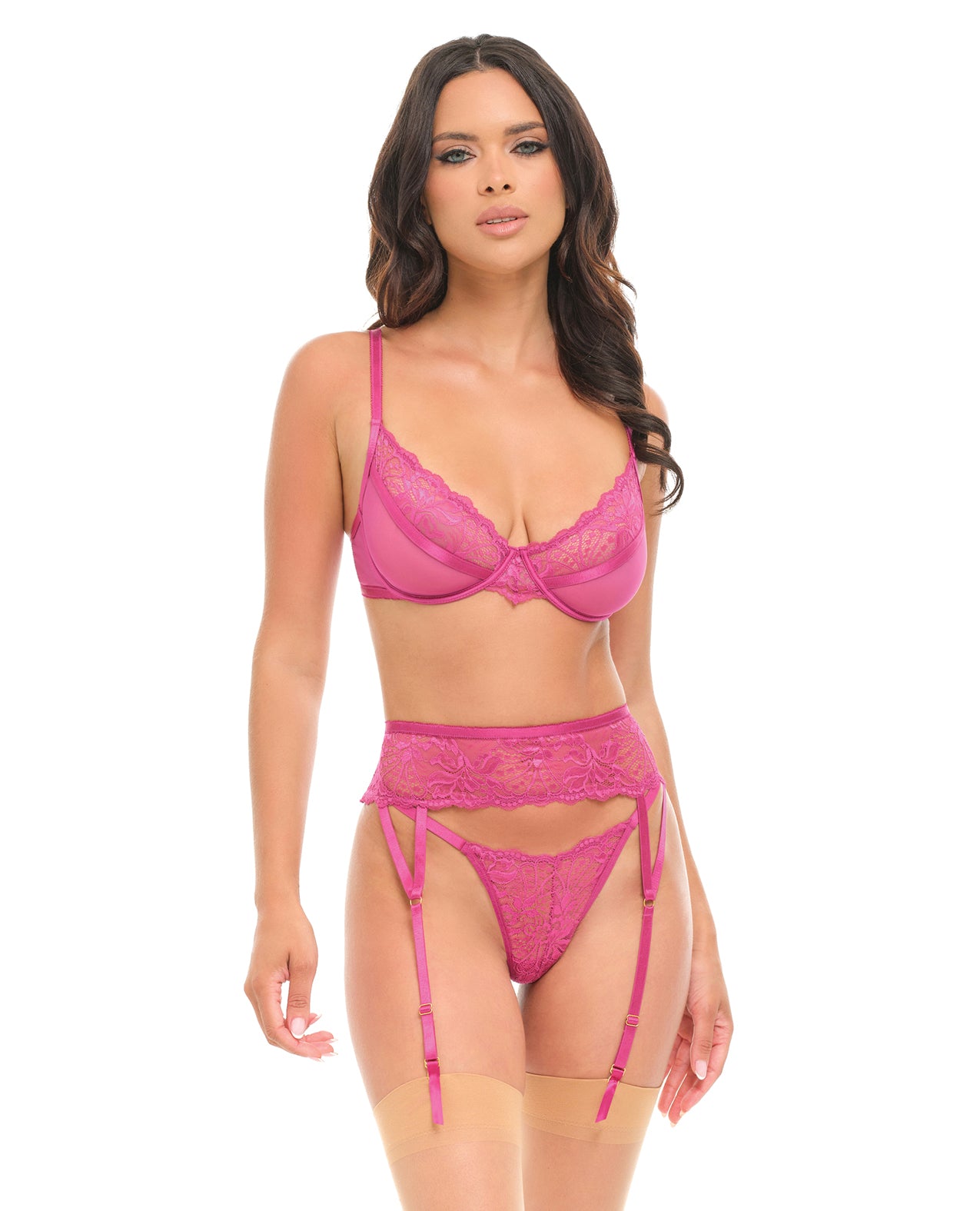 Julia Sheer Lace And Mesh 3 Piece Bra Set Rose Large