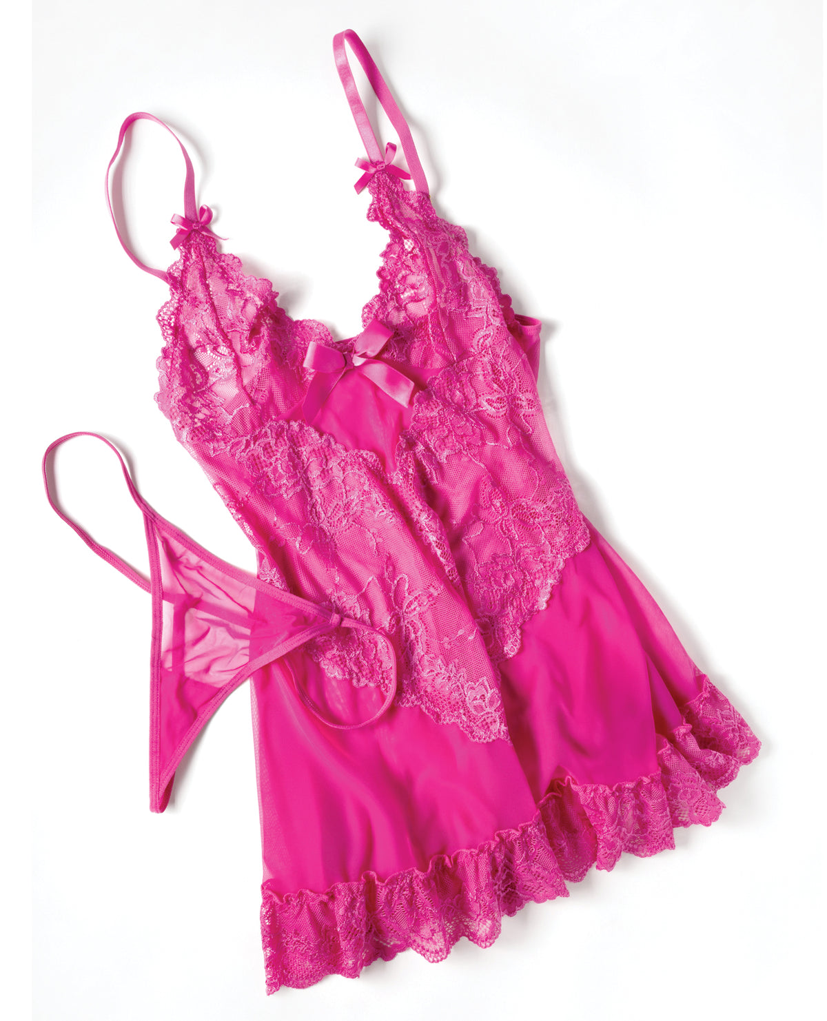 Babydoll de renda para o Dia dos Namorados, tamanho grande, com detalhes de laços e fio dental, rosa