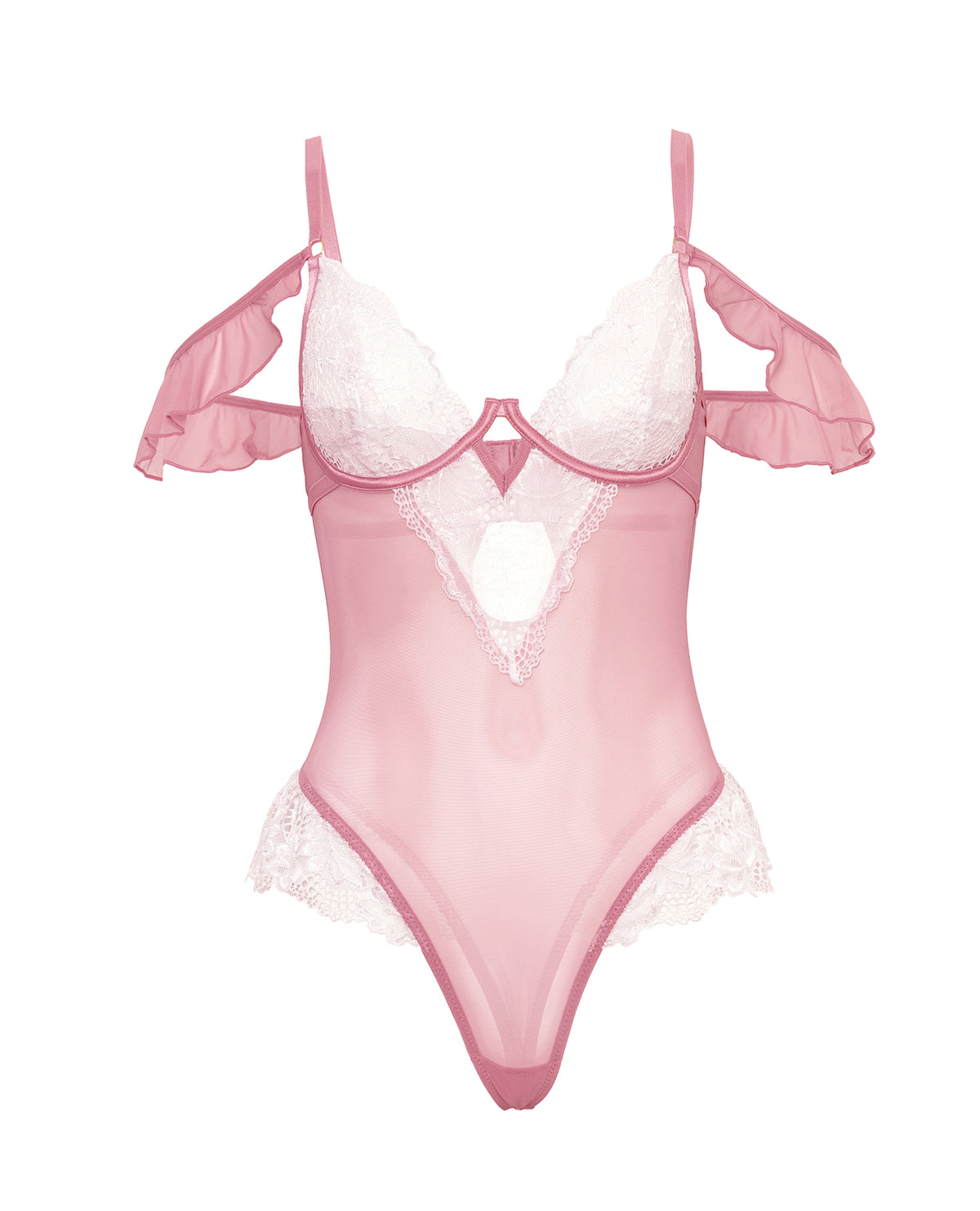 Cassandra Lace And Mesh Teddy Bodysuit With Ruffle Trim Pink White
