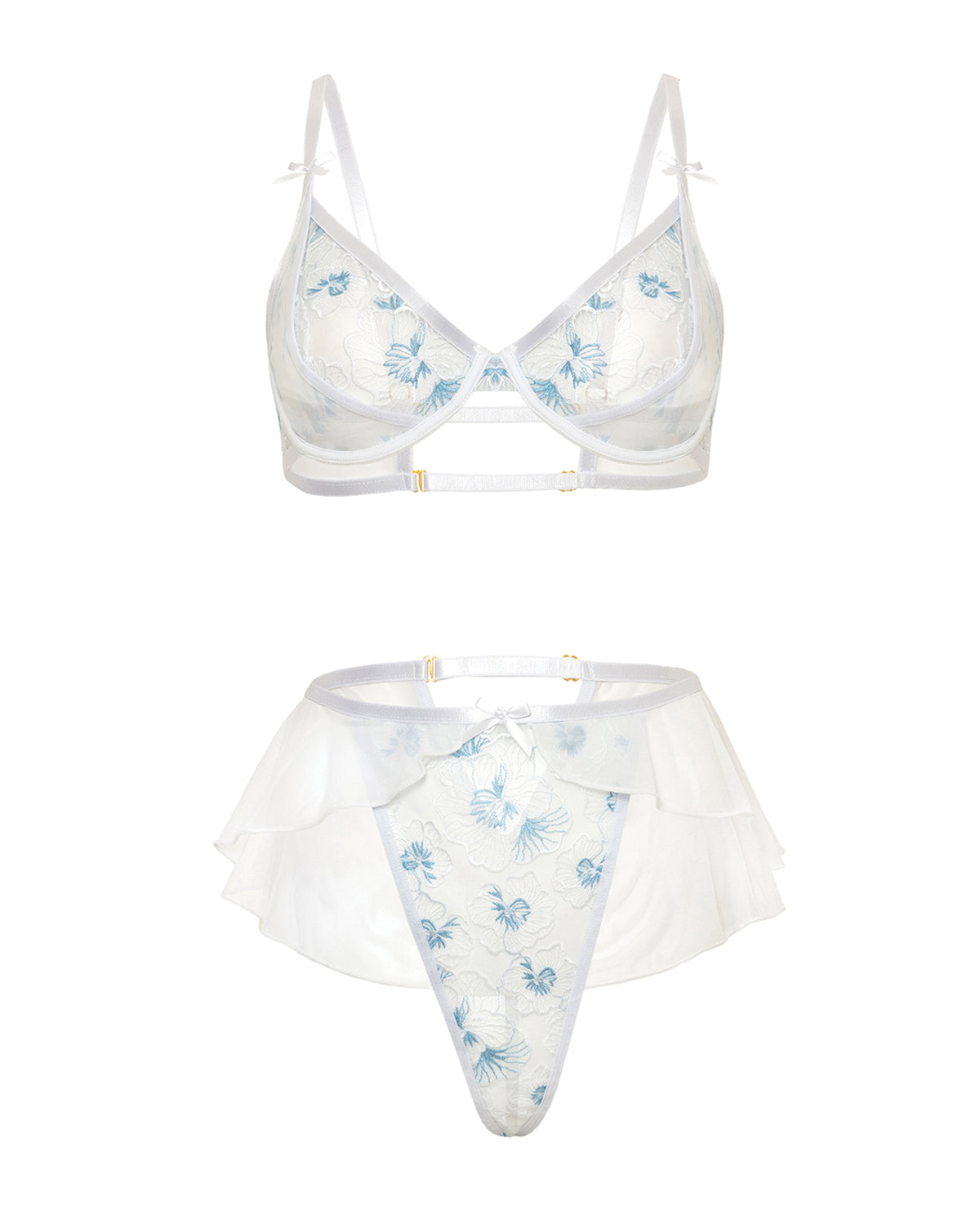 Elena Set aus weißem, floral besticktem transparentem Mesh-BH und Slip