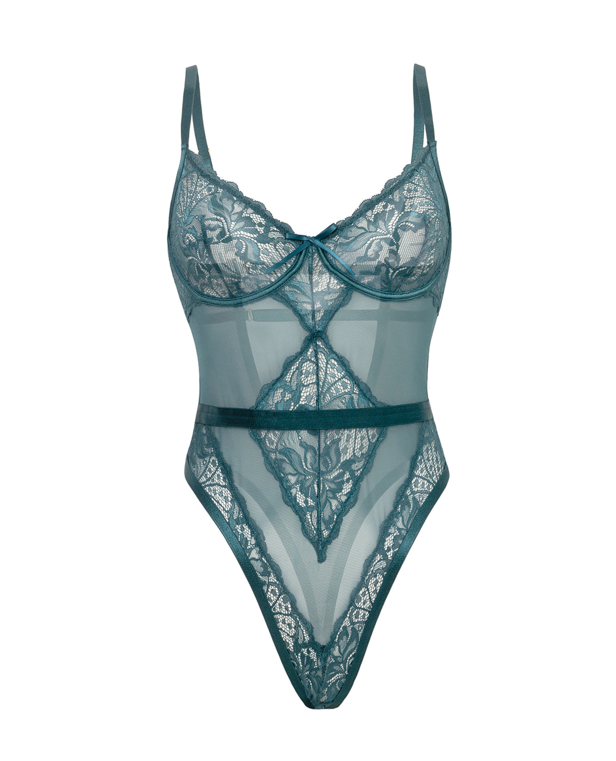 Teddy perizoma in pizzo e mesh paisley con fiocco, turchese, SM