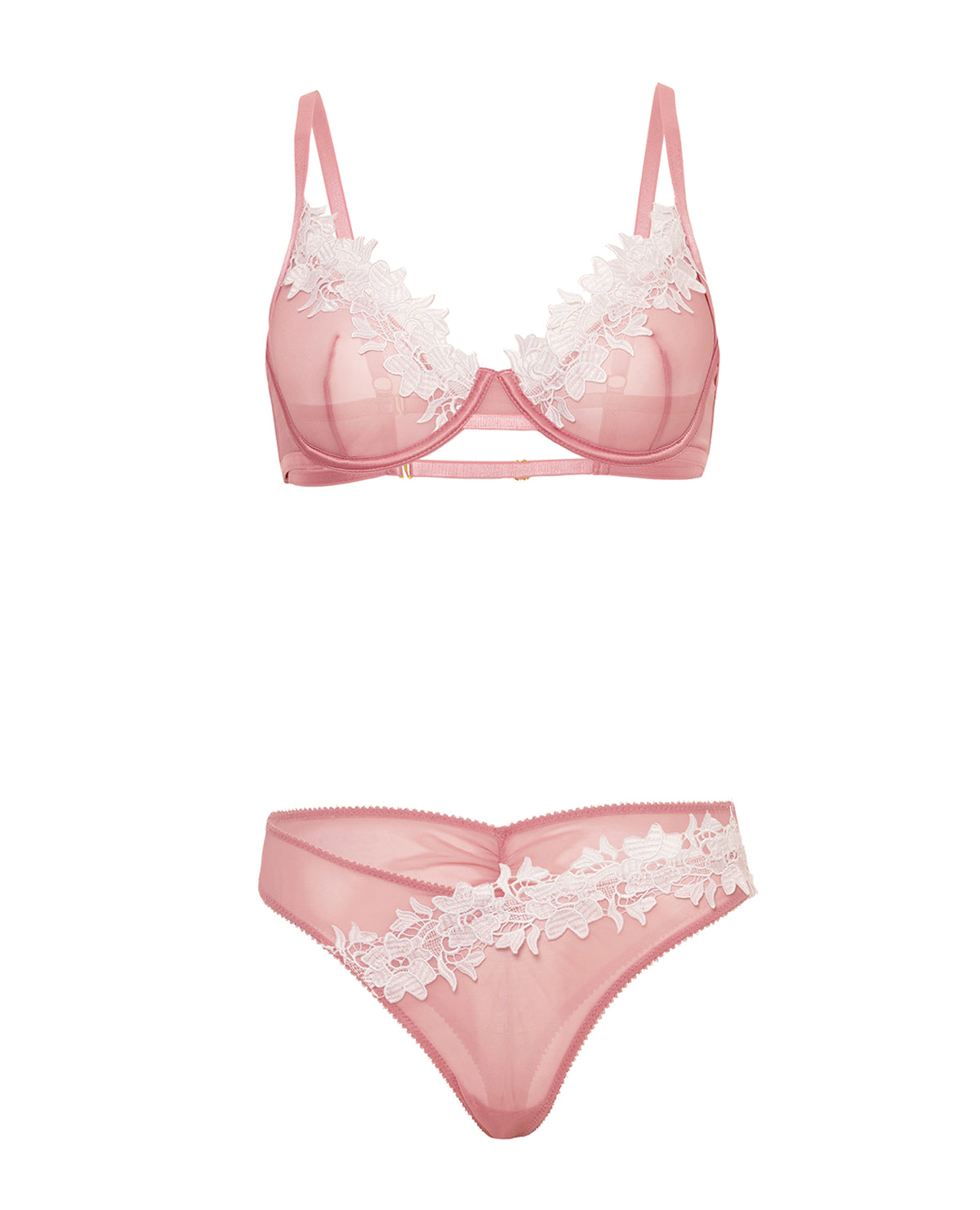 Conjunto de sujetador de malla transparente Glinda con detalles florales bordados, rosa y blanco, talla grande