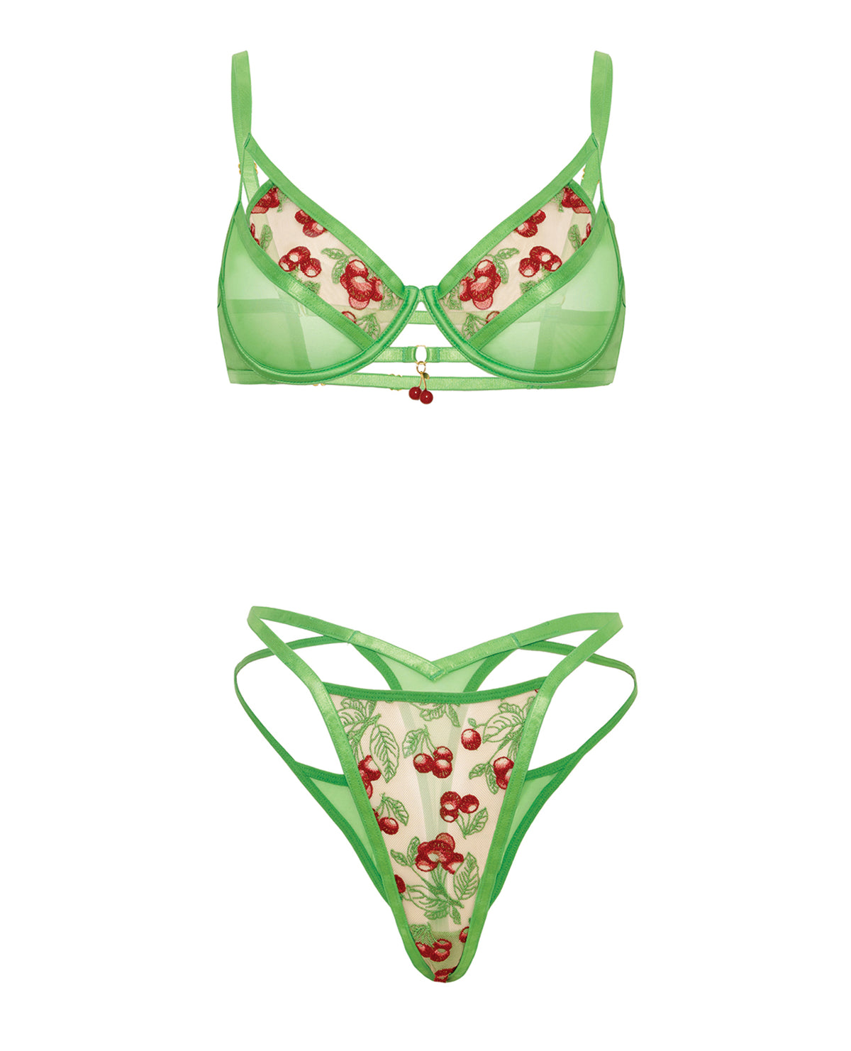 Set de sutien cu armătură și broderie Cheri, cu accesoriu tip cireș și lenjerie din plasă