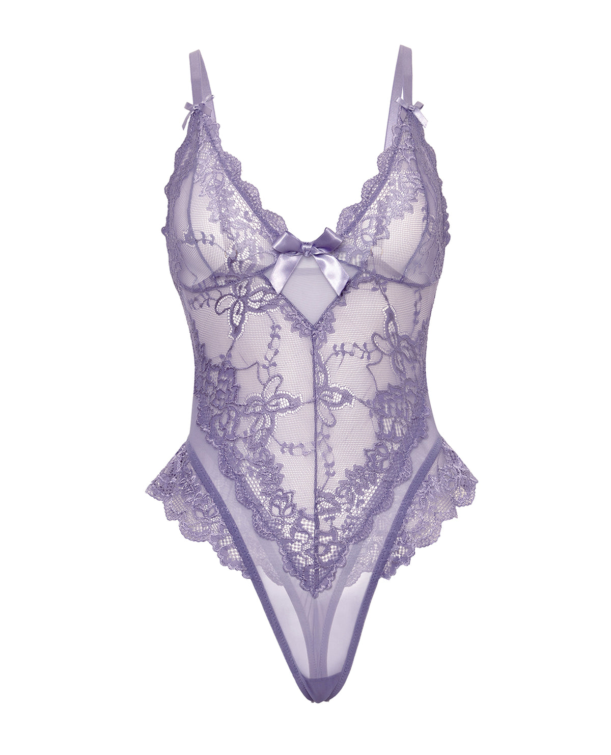 Lingerie teddy de Saint-Valentin en dentelle transparente avec détails en nœuds, violette