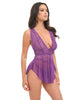 Afbeelding laden in Galerijviewer, Harmony V-plunge kanten mesh-babydoll met bijpassende string paars
