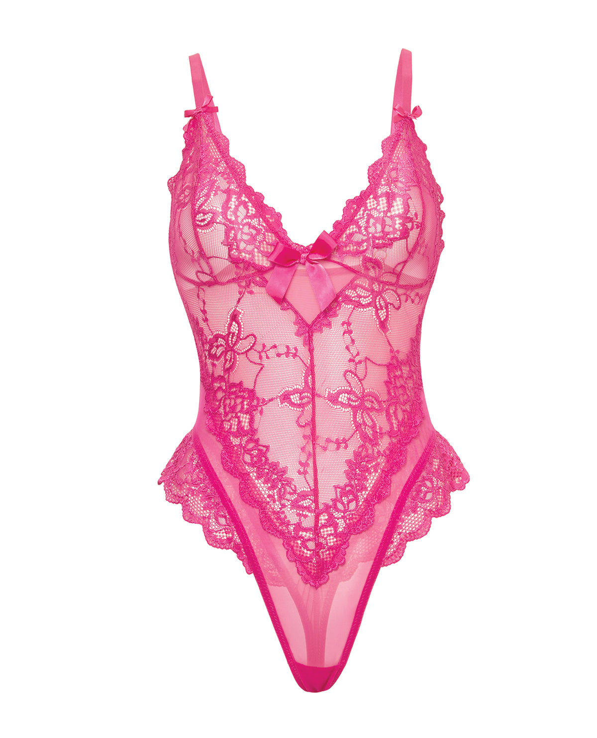 Women Rose Sheer Lace Teddy With Bow Accent Valentine Lingerie