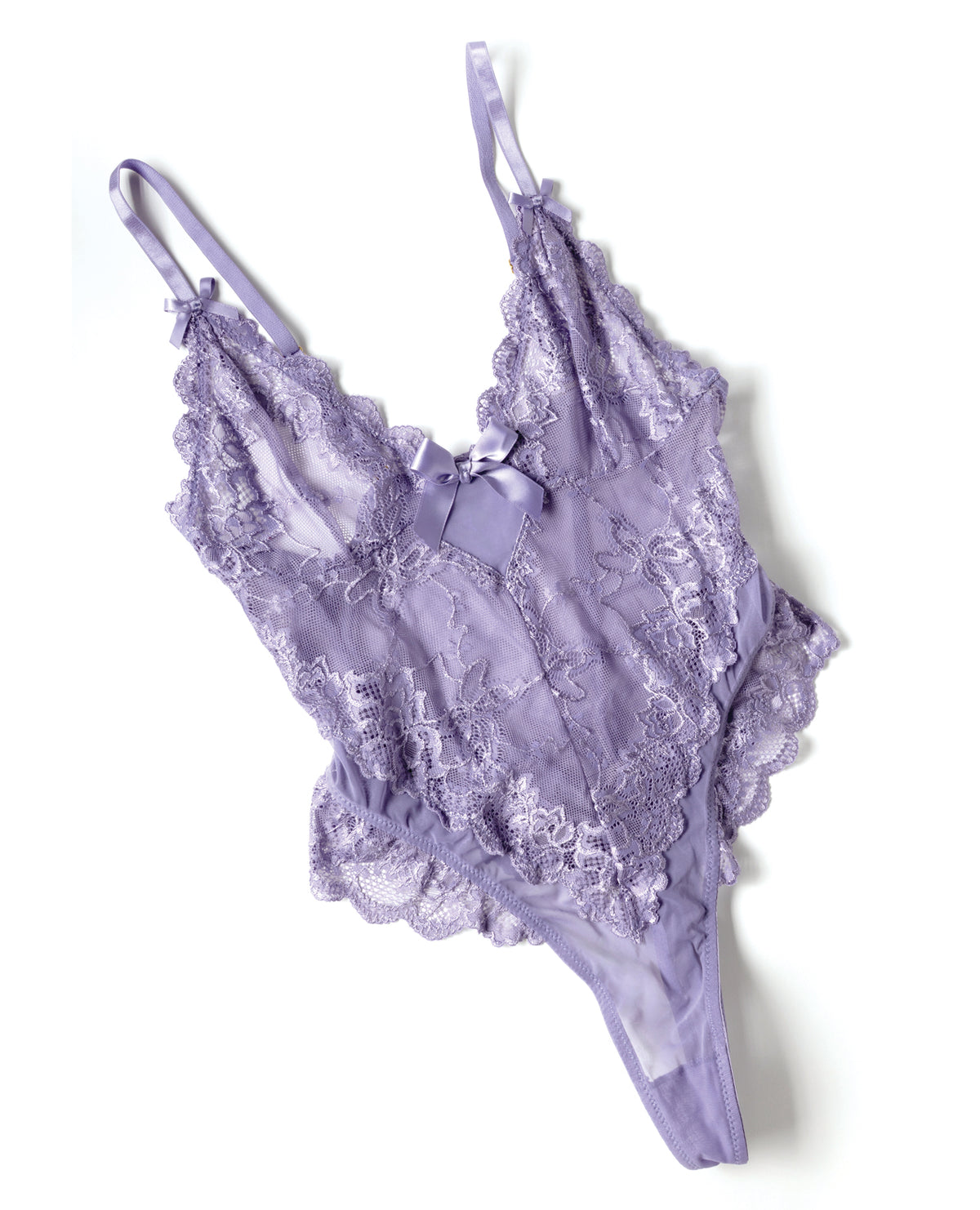 Body Valentine roxo de renda transparente, tamanho plus size, com detalhe de laço