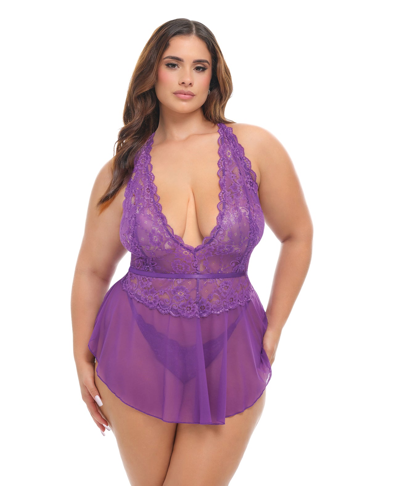 Σετ διάφανου δαντελένιου babydoll Harmony με βαθύ ντεκολτέ V, μεγάλα μεγέθη, μωβ