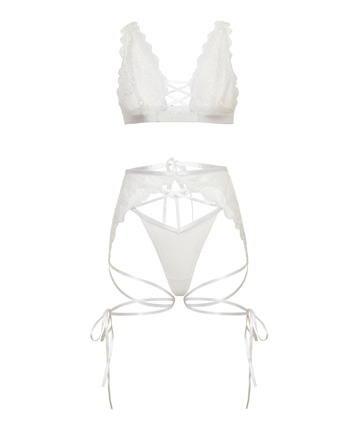 Naya White Lace 3 Piece Lingerie Set With G-String And Garter Belt L/XL