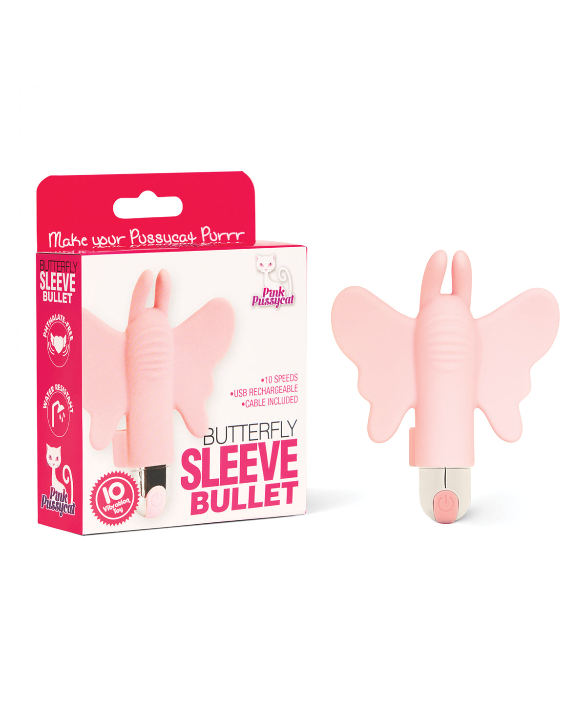 Pink Pussycat Butterfly Sleeve Bullet Vibrator Wearable Finger Toy