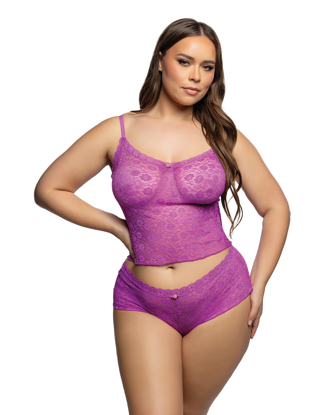 Plus Size Lace Camisole Set With Matching Shorts And Underwire In Fuchsia