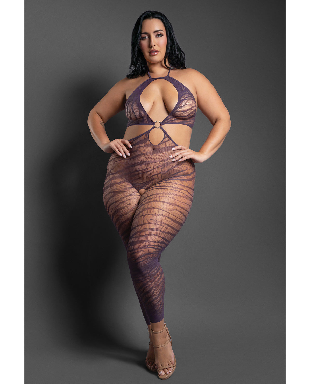 Set Me Free Sheer Purple Zebra Mesh Halter Bodystocking Footless Open Crotch Cut Out