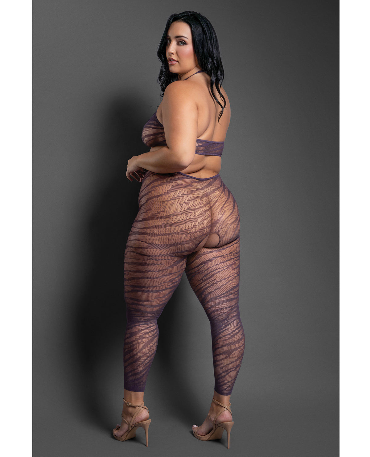 Set Me Free - body din plasă transparentă mov cu model zebră, tip halter, fără acoperire pentru picioare, cu decupaj și deschidere în zona intimă