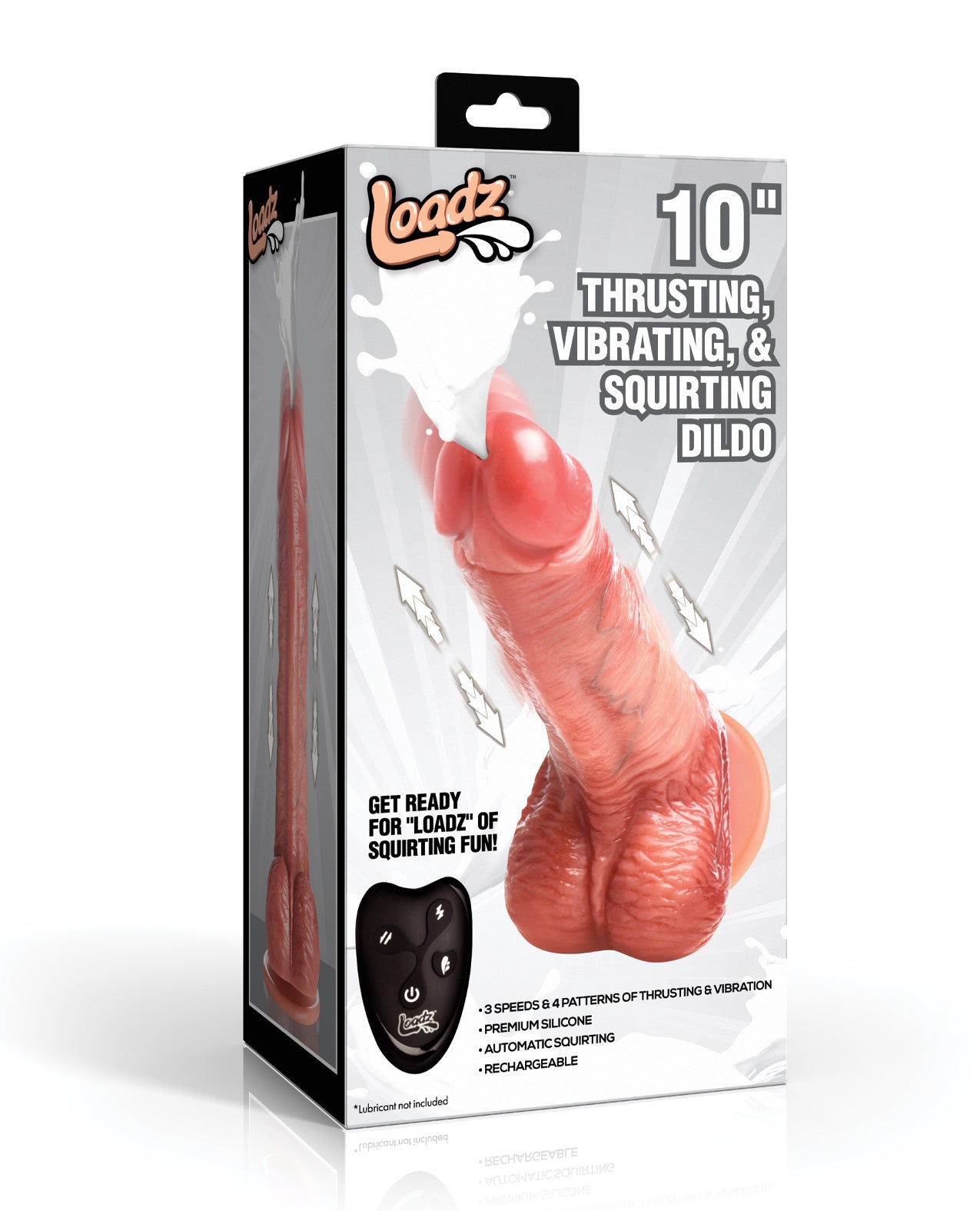 Dildo de silicona Loadz de 10 pulgadas con embestidas, vibración y eyaculación, con control remoto inalámbrico