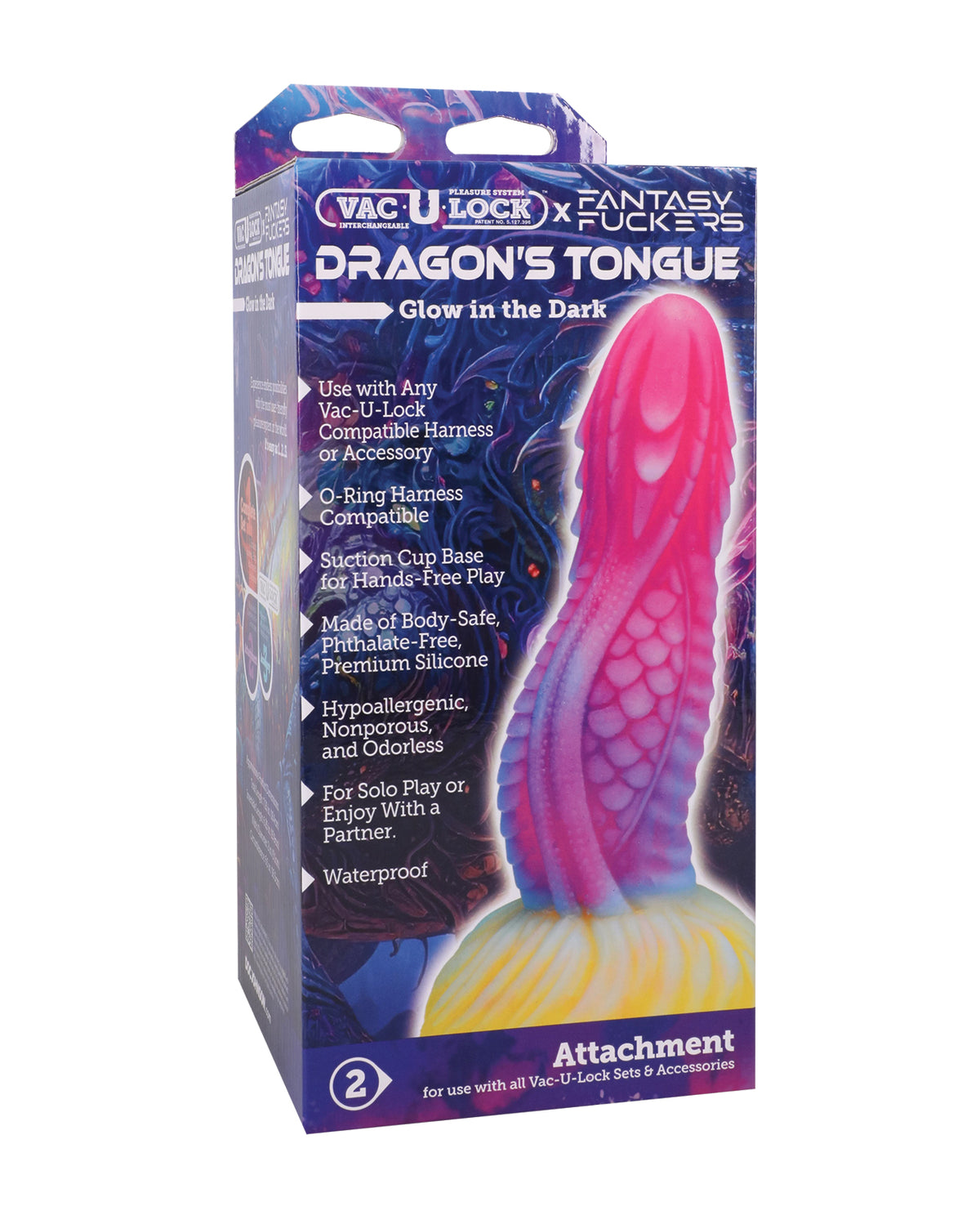 Dildo in silicone Vac U Lock compatibile a forma di drago, con scaglie testurizzate e multicolore