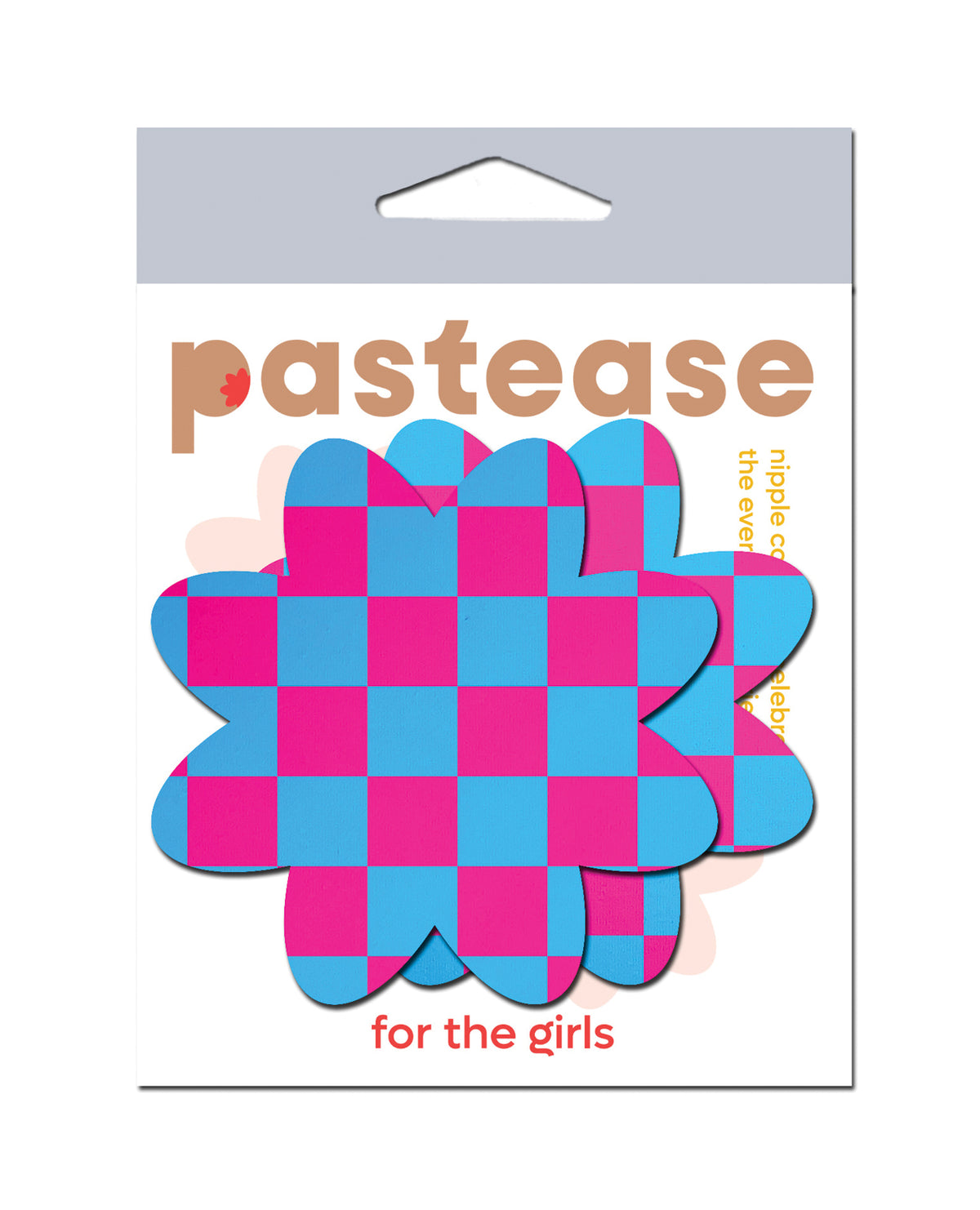 Pétalos cubrepezones Pastease rosas y azules con cuadros neón, estilo festival retro