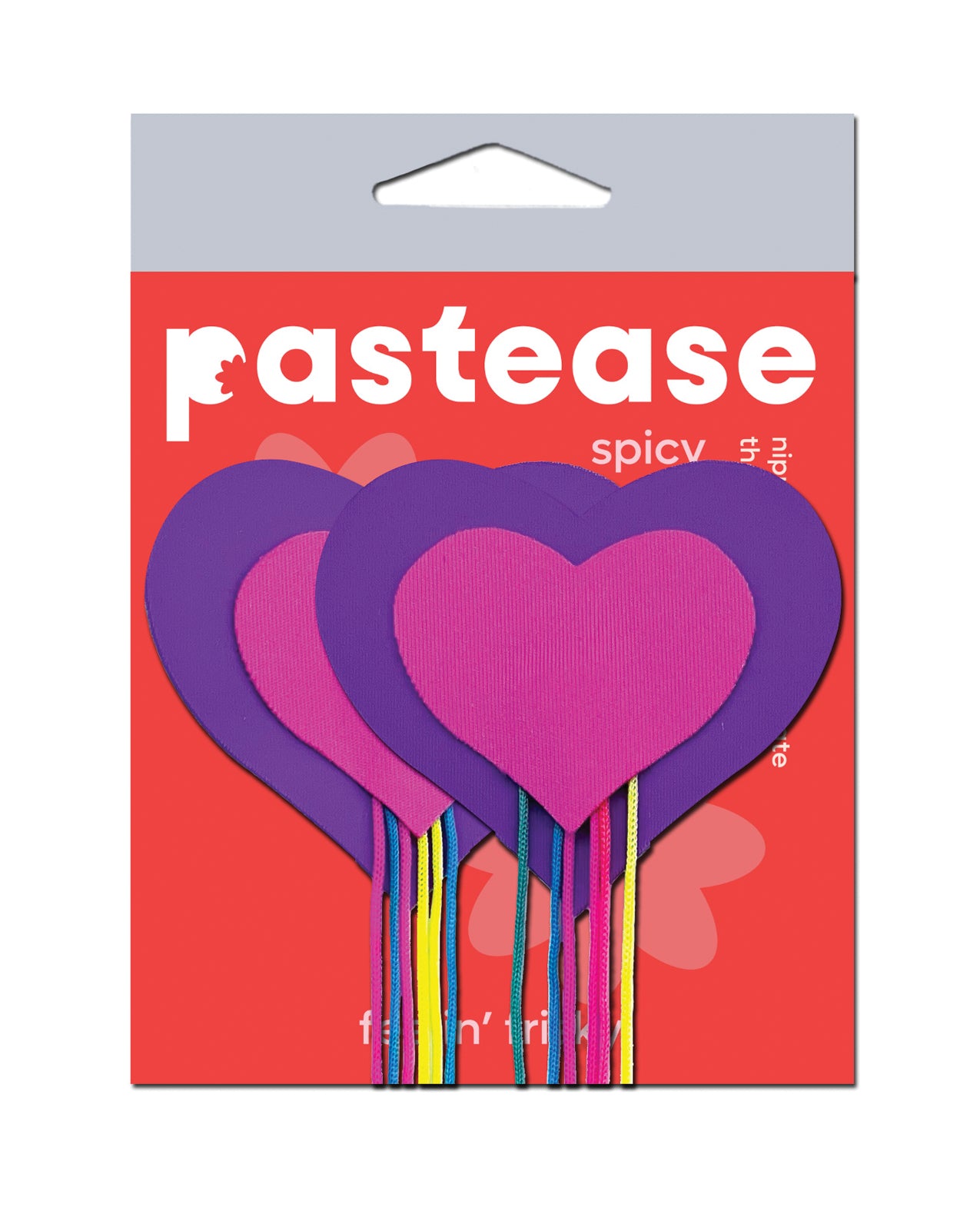 Cache-tétons Pastease en forme de cœur rose néon et violet, avec franges à pampilles arc-en-ciel