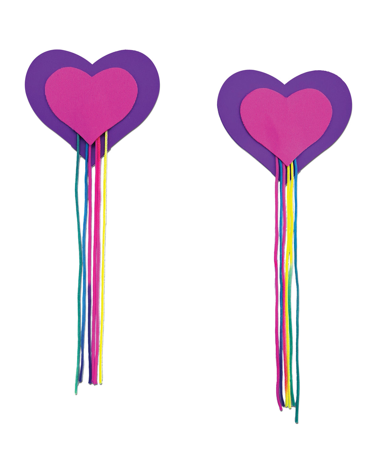 Cache-tétons Pastease en forme de cœur rose néon et violet, avec franges à pampilles arc-en-ciel