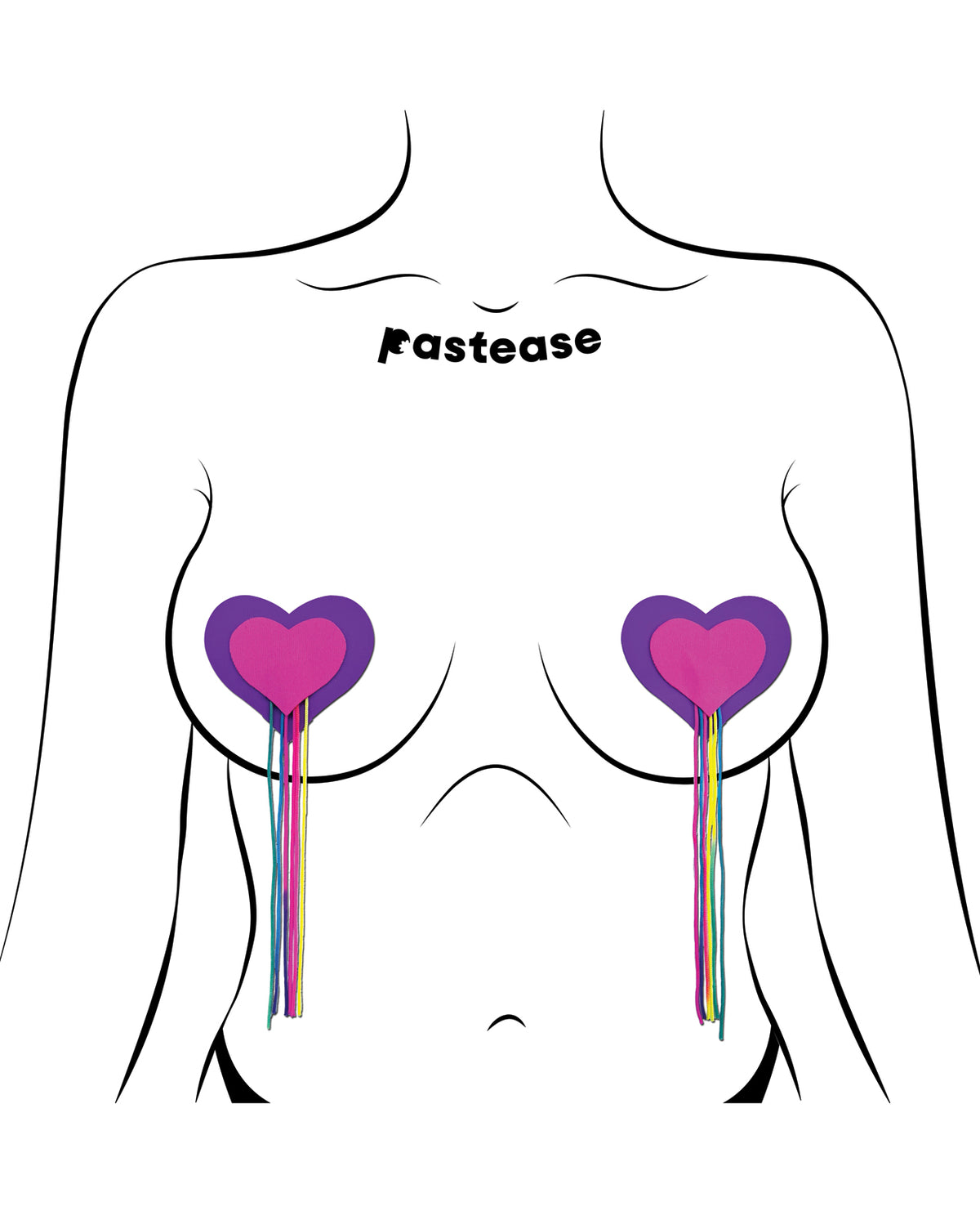 Cache-tétons Pastease en forme de cœur rose néon et violet, avec franges à pampilles arc-en-ciel