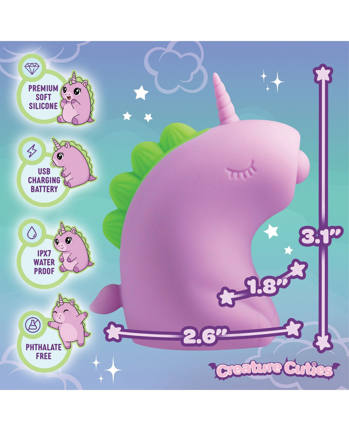 Estimulador de clítoris de unicornio de silicona Creatures Cuties Tappyhorn, rosa