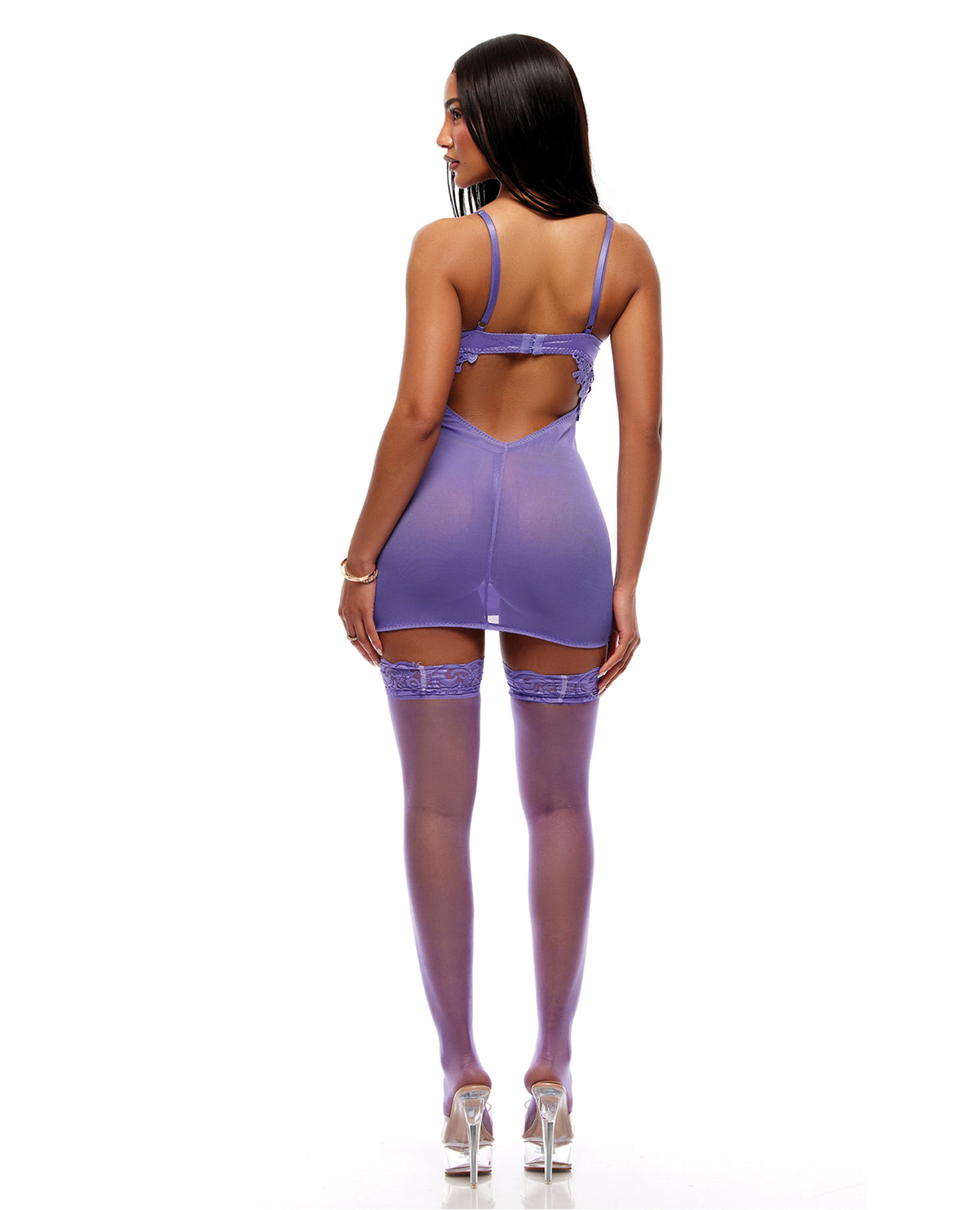 Purple Guipure Lace Chemise With Thong And Thigh High Stockings