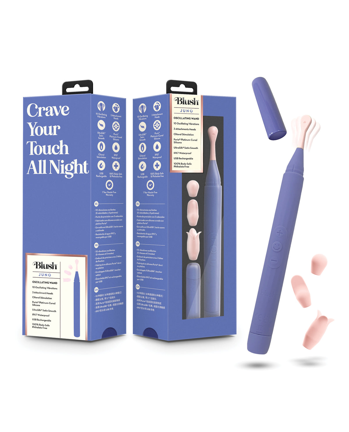 Blush Juno Purple Oscillating Wand 10 Vibration Modes With 3 Attachments
