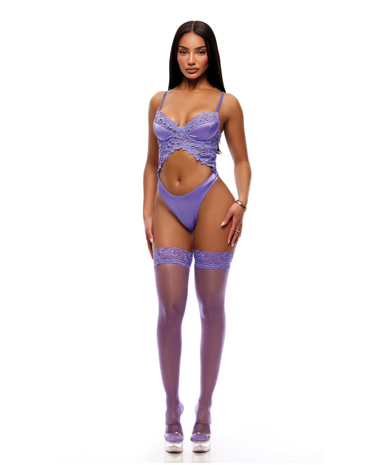 Purple Guipure Lace Bodysuit With Thigh High Stockings