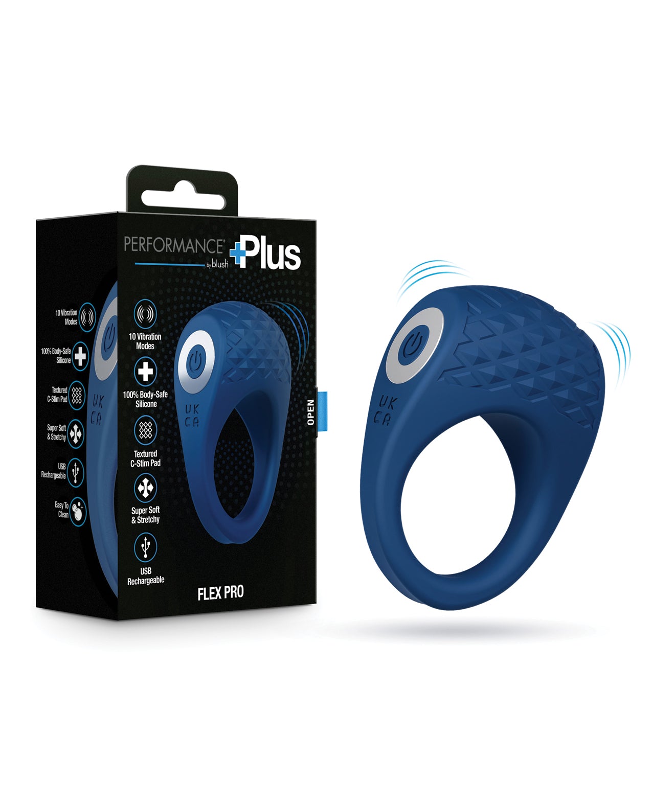 Inel pentru penis Blush Performance Plus Flex Pro, cu 10 moduri de vibrație, albastru