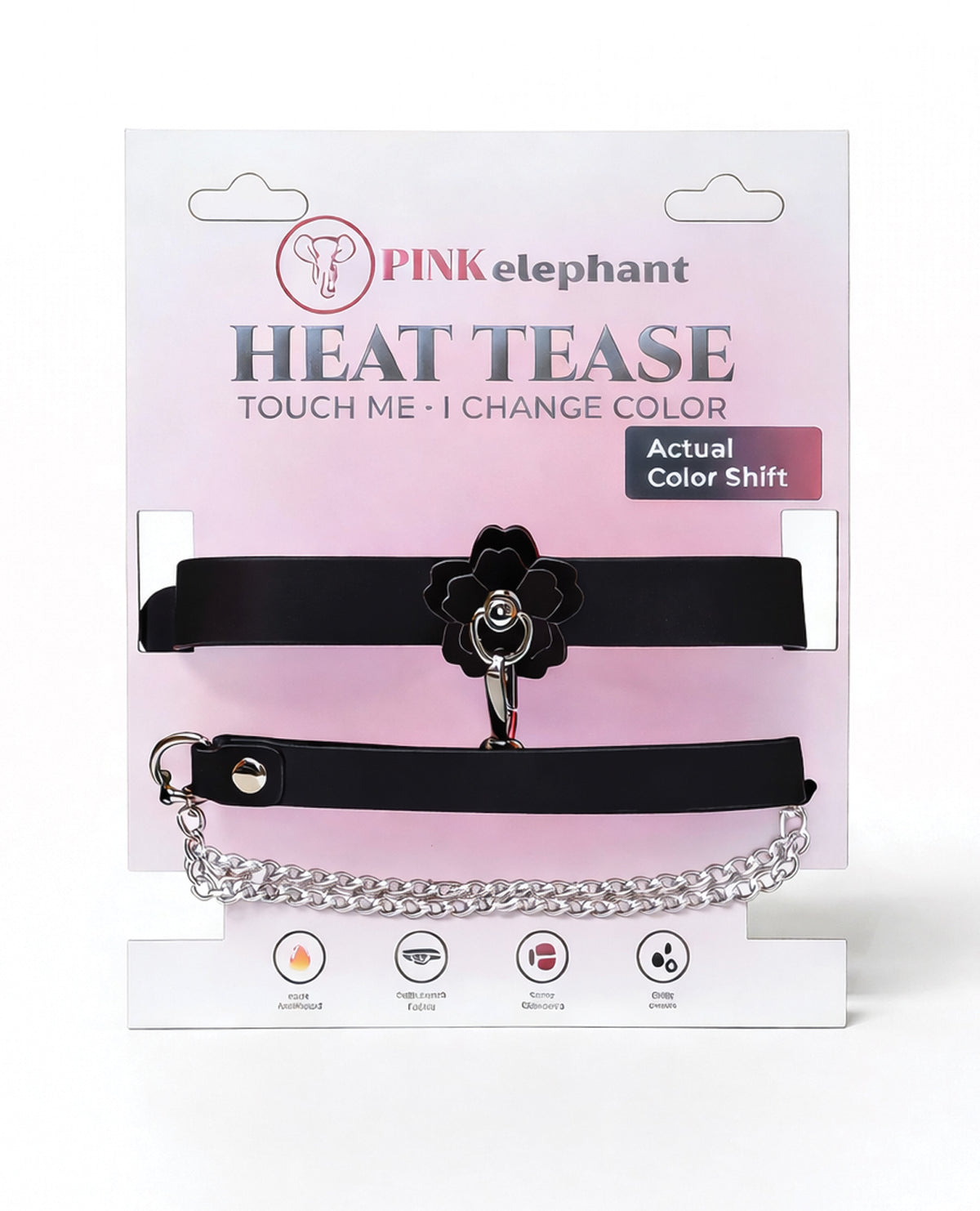 Collier pour chat avec nœud papillon et fleur réactive à la chaleur Heat Tease, en similicuir PU noir et rose