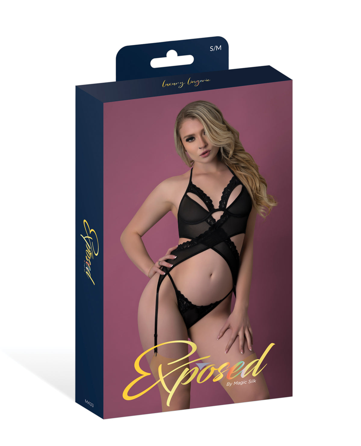 Magic Silk zwarte Exposed merry widow-corset met string en jarretels