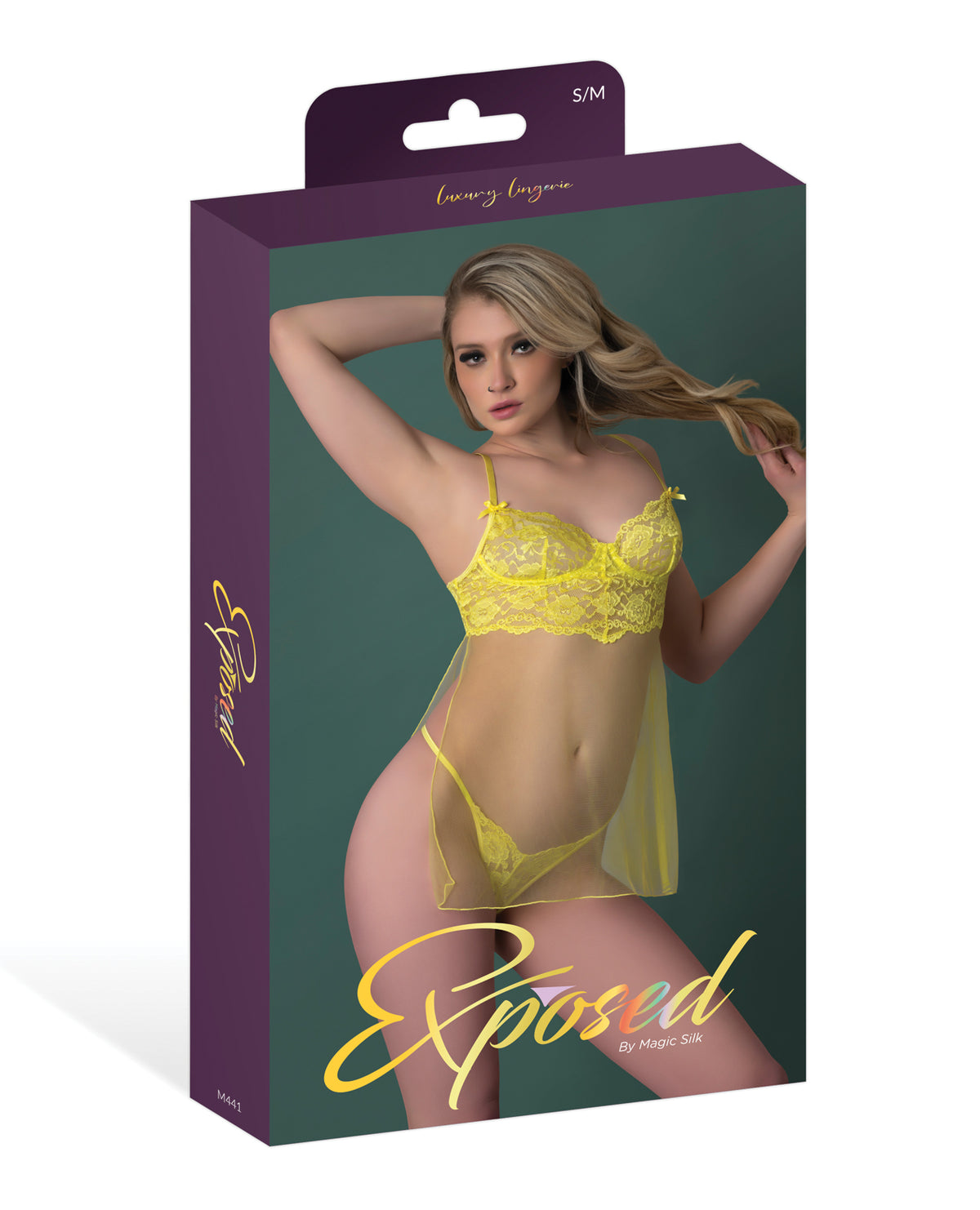 Yellow Lace And Mesh Babydoll With G String Floral V Neck Satin Bow L Xl